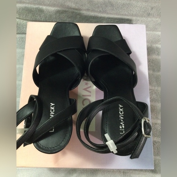Lisa Vicky Jazz Black Leather Strappy Platform Block Heels Size 9 M - Picture 5 of 11
